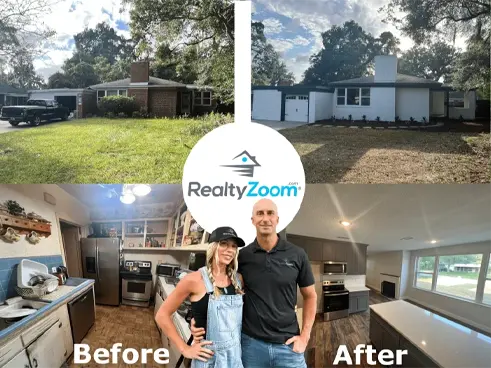 Before and after collage showing a brick house and dated kitchen transformed into a modern home by the BlueSky Home Offer team.