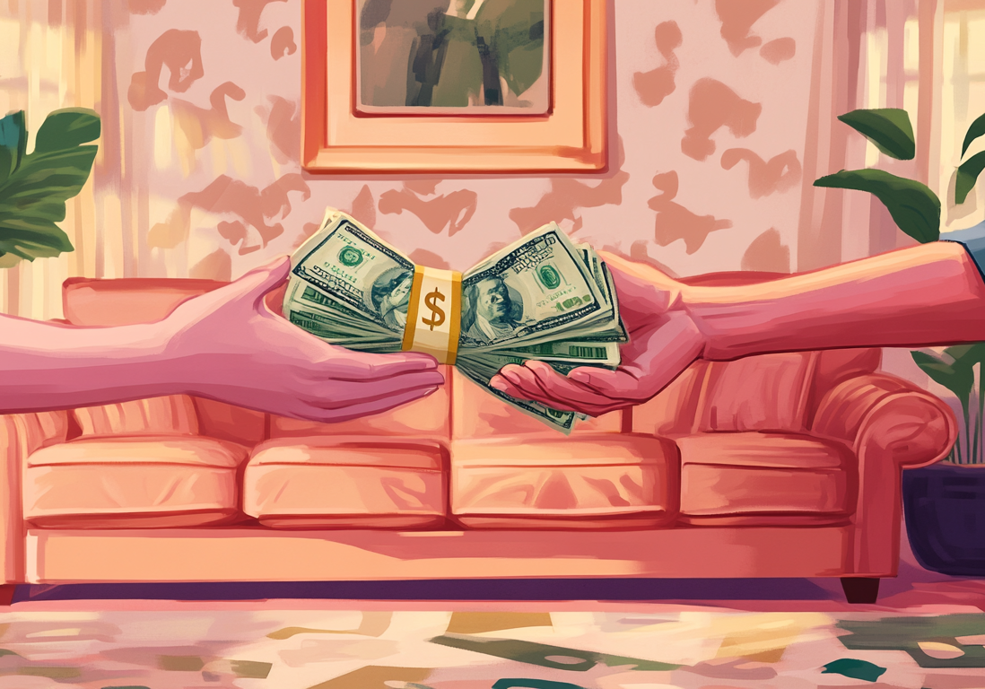 Illustration of hands passing a stack of money in a room with a pink sofa.