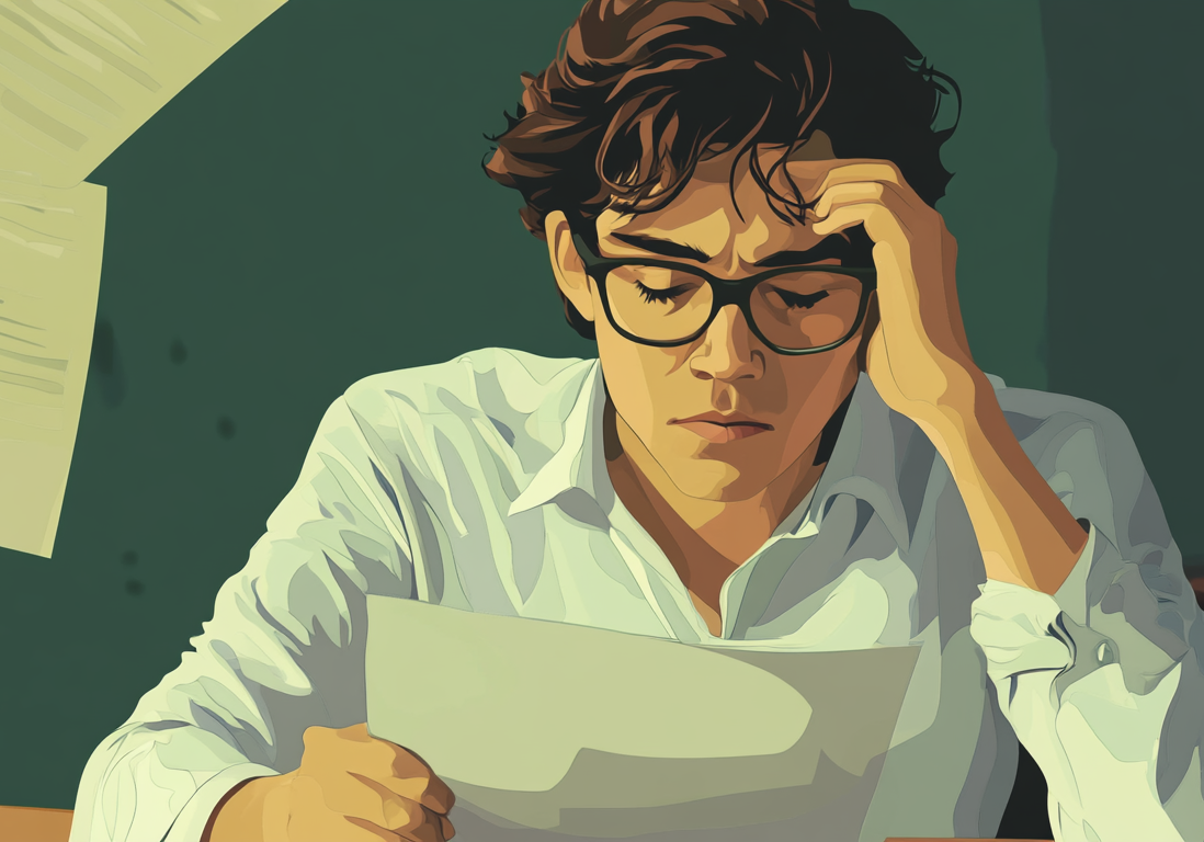 A man sitting at a desk looking distressed while reviewing legal papers and files.